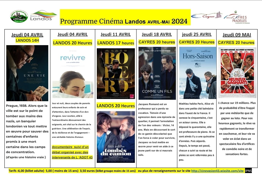 Programme Cinéma Landos Cayres Avril et Mai 2024